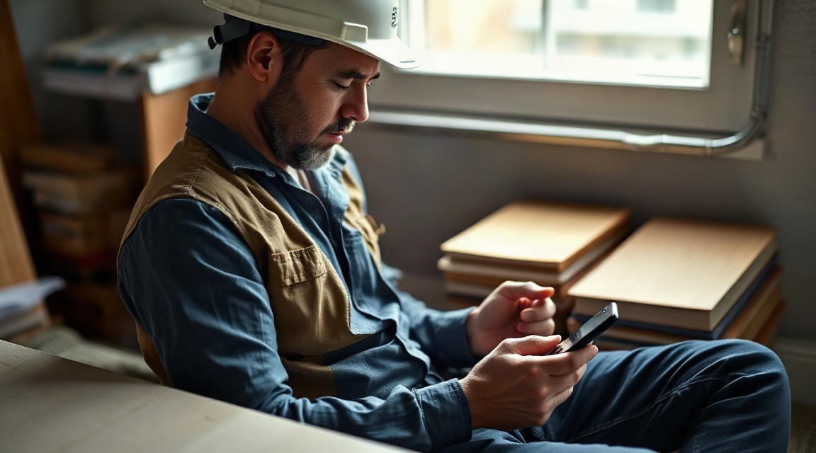 A contractor checking lead notifications on a phone while on a job site