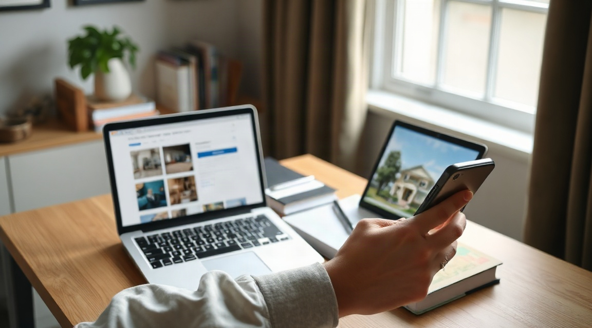 A realtor reviewing buyer lead notifications on a laptop and phone at a desk