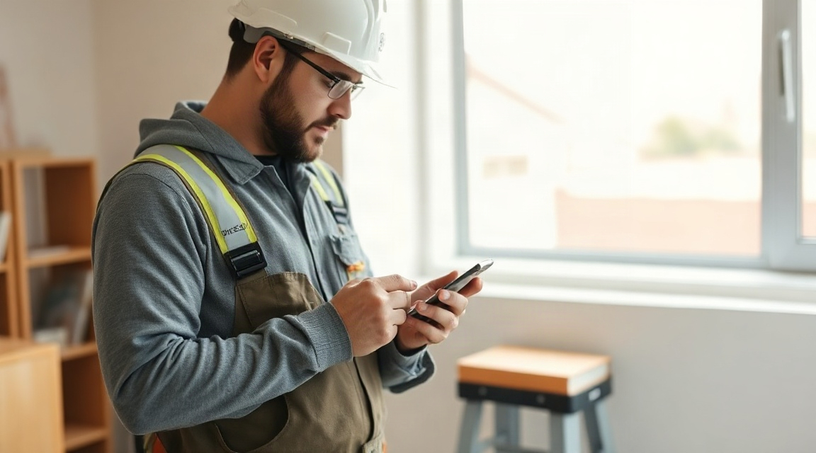 a contractor checking lead notifications on a phone while standing at a job site
