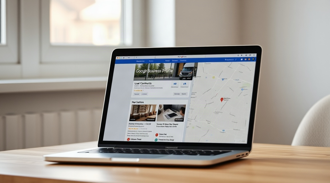 a laptop showing a Google Business Profile map listing for a local contractor business