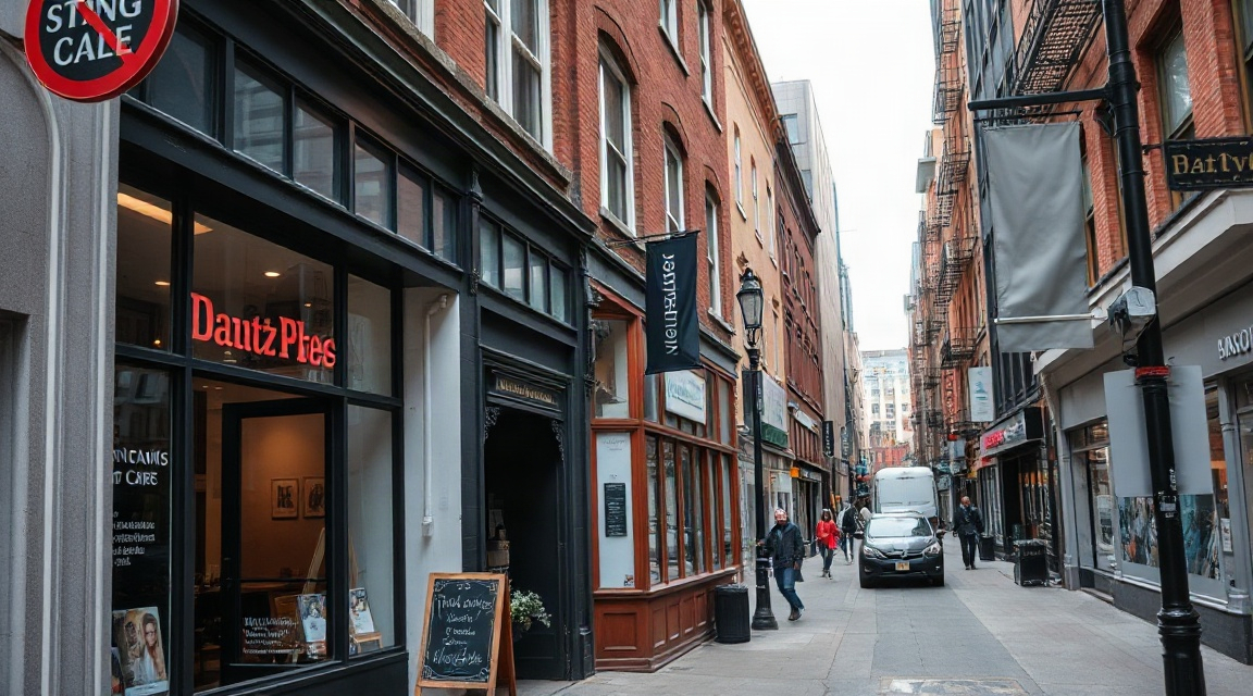 Downtown Montreal street with local shops and storefronts