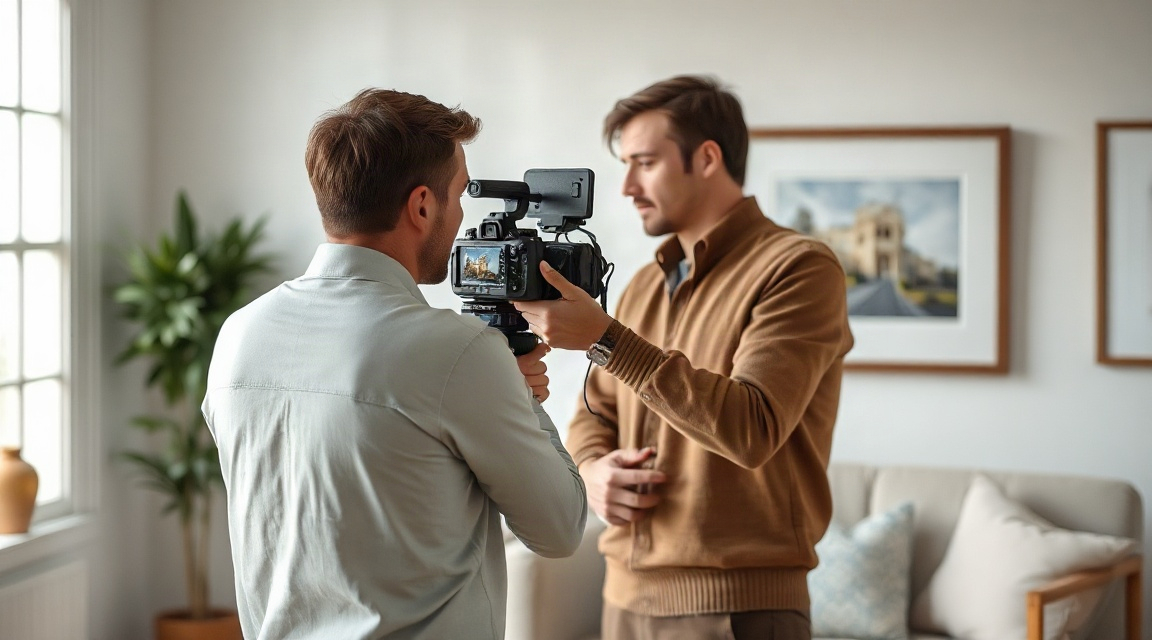 a realtor filming a short vertical video for a social media ad in front of a listing