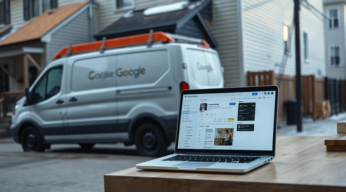 A contractor's van parked outside a renovated Montreal duplex with a laptop showing a Google Business Profile dashboard