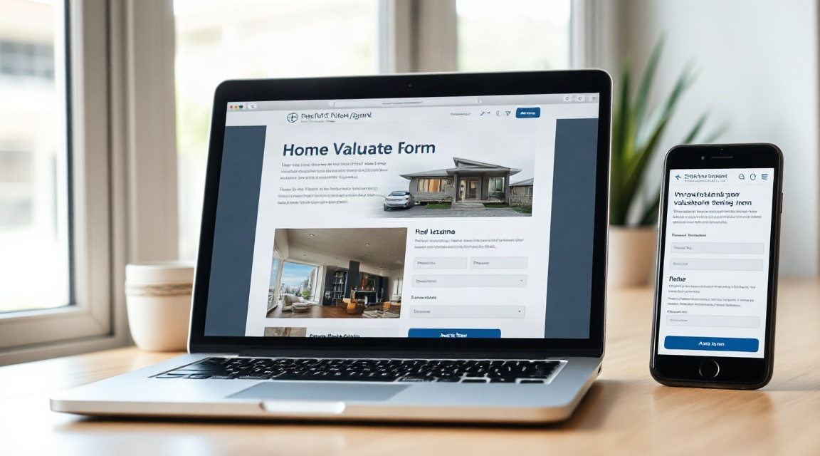 a laptop showing a real estate agent website with a home valuation form open beside a phone displaying the same page