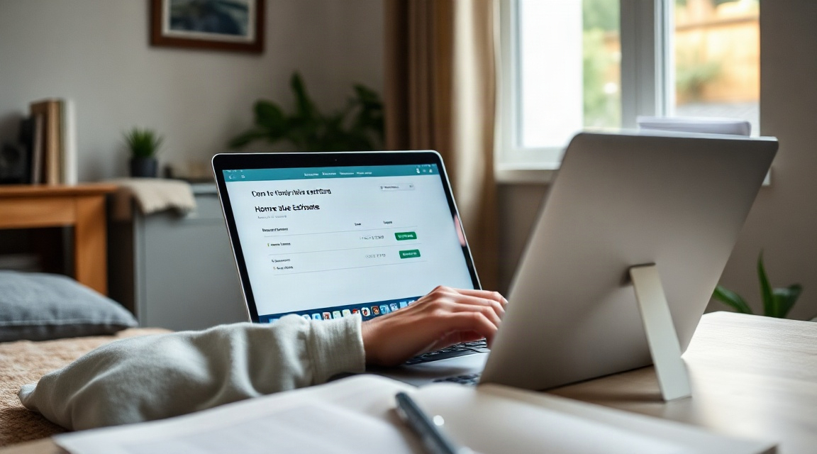 A homeowner filling out an online home value estimate form on a laptop