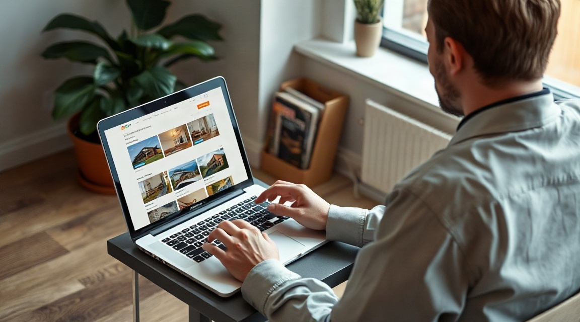 a realtor sitting at a laptop reviewing a website with a live property search results page displayed