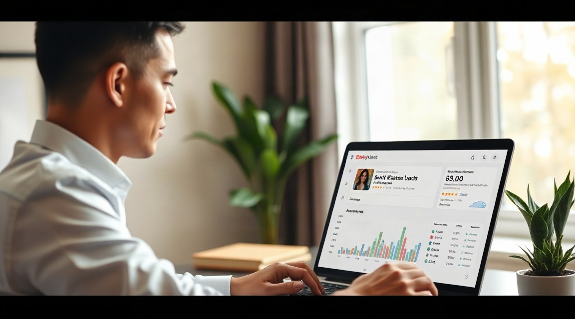 A real estate agent reviewing a laptop dashboard showing incoming website leads and client reviews