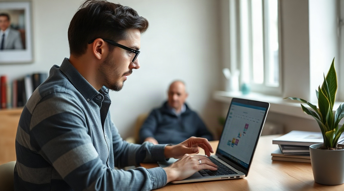 A small business owner reviewing a social media content calendar on a laptop in a Montreal office