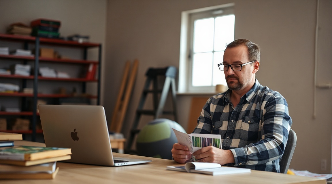 A small business owner reviewing a social media content calendar on a laptop at a job site