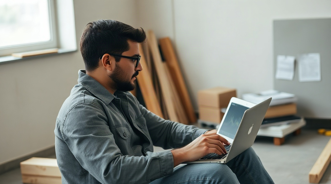 Small business owner reviewing social media analytics on a laptop at a job site