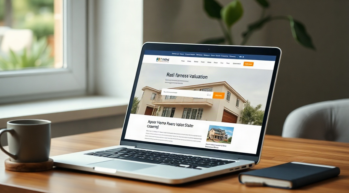 a laptop showing a real estate agent website with a home valuation search box open