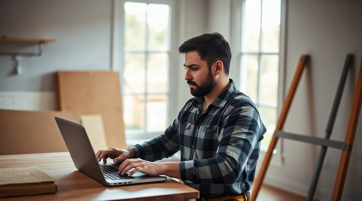 A contractor checking his business website and Google reviews on a laptop at a job site