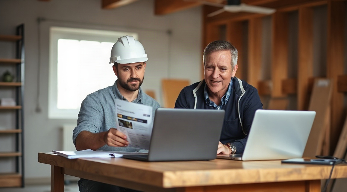 A contractor and a marketing consultant reviewing a customer profile document on a laptop at a jobsite table