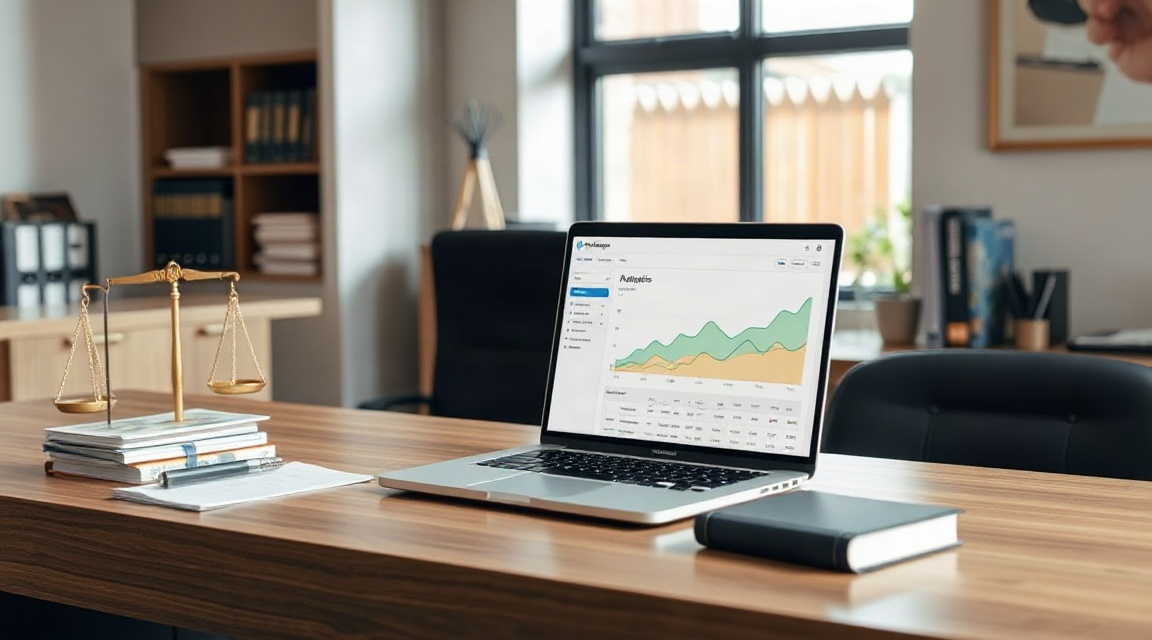 A law office reception desk with a laptop open to a website analytics dashboard