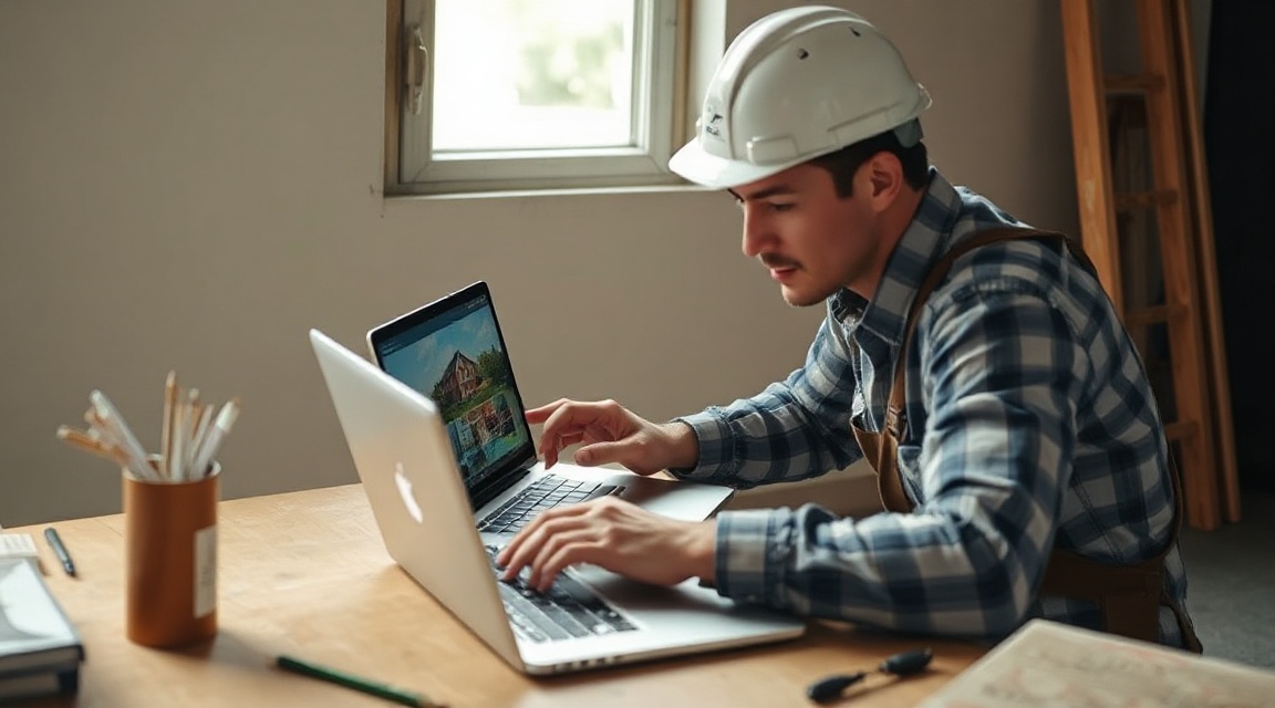 A contractor reviewing new lead notifications on a laptop at a job site