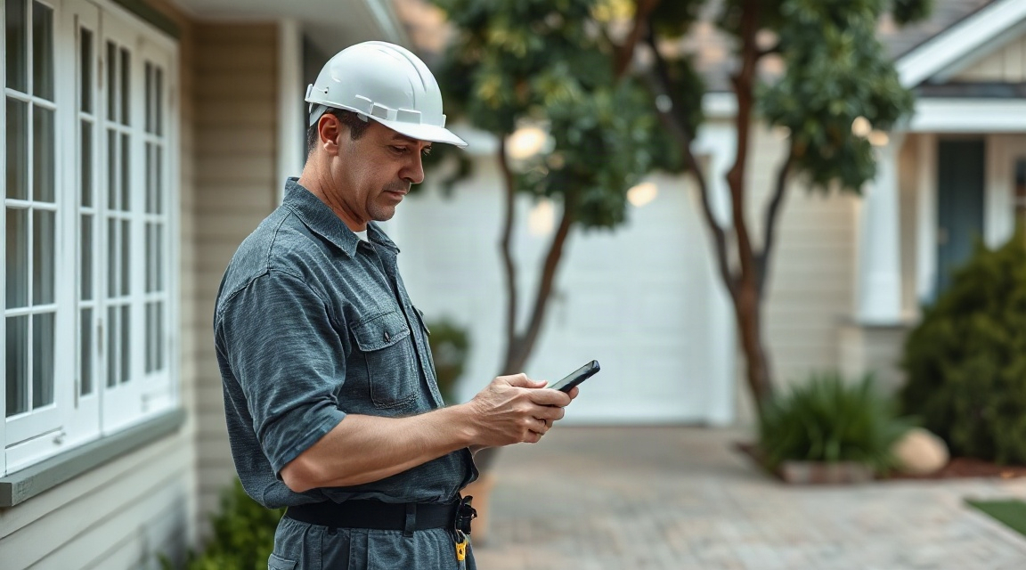 A contractor checks lead notifications on a phone while standing in a client's driveway