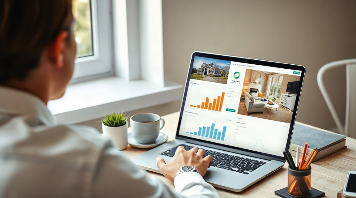 A real estate agent reviewing website analytics and lead data on a laptop at a desk with a listing photo on screen