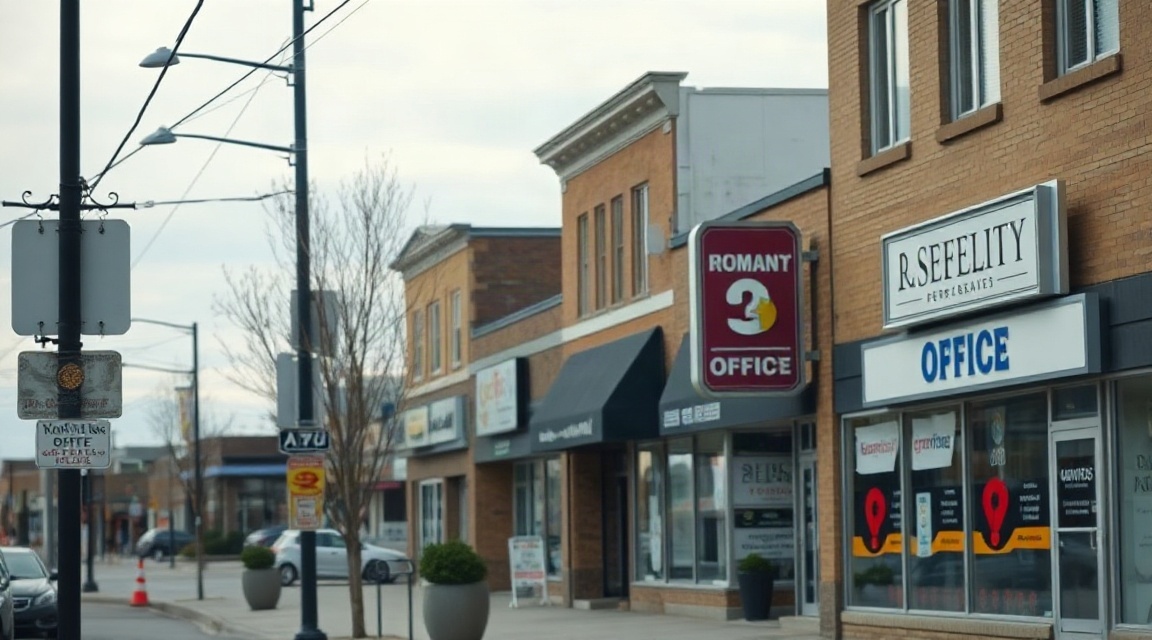 A Mississauga street lined with small business storefronts and office signage