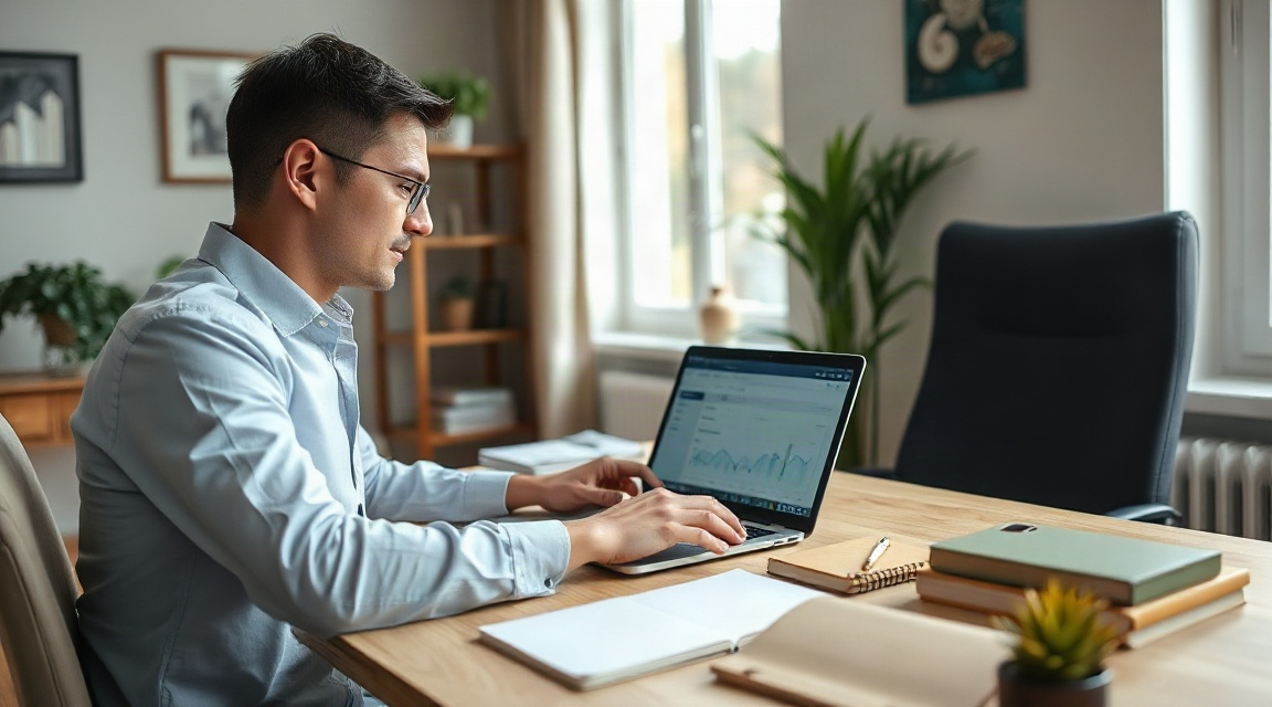 Real estate agent reviewing website analytics and ad performance on a laptop at a home office desk