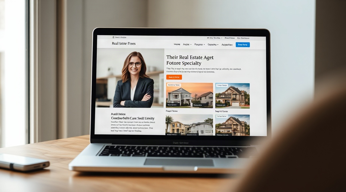 A real estate agent's website homepage displayed on a laptop, showing a headshot, neighborhood specialty, and recent sold listings