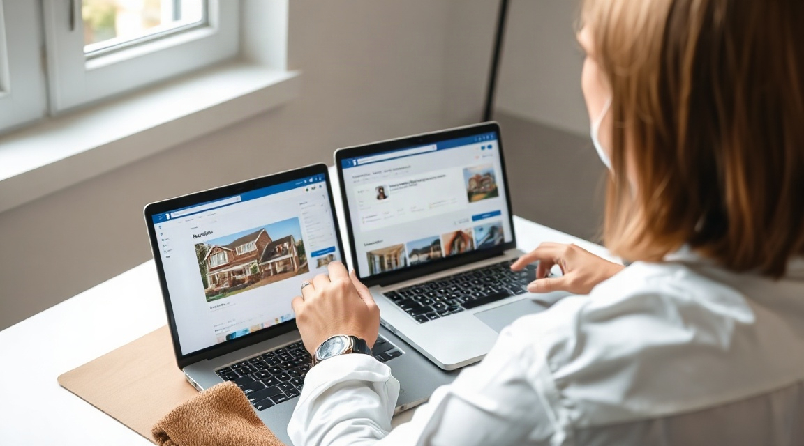 a real estate agent reviewing a Facebook ad campaign dashboard on a laptop next to property photos