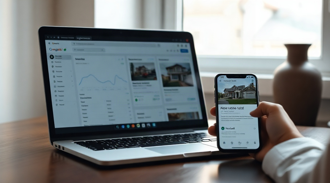 A laptop screen showing a Google Ads dashboard next to a real estate agent's phone displaying a new lead notification