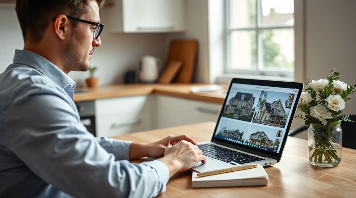 a real estate agent reviewing lead activity on a laptop at a kitchen table with listing photos on the screen