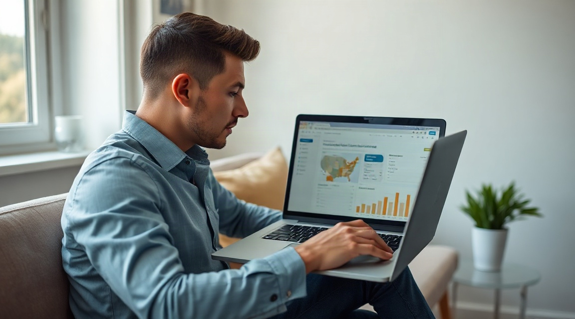 A real estate agent reviewing a laptop dashboard showing website leads and reviews