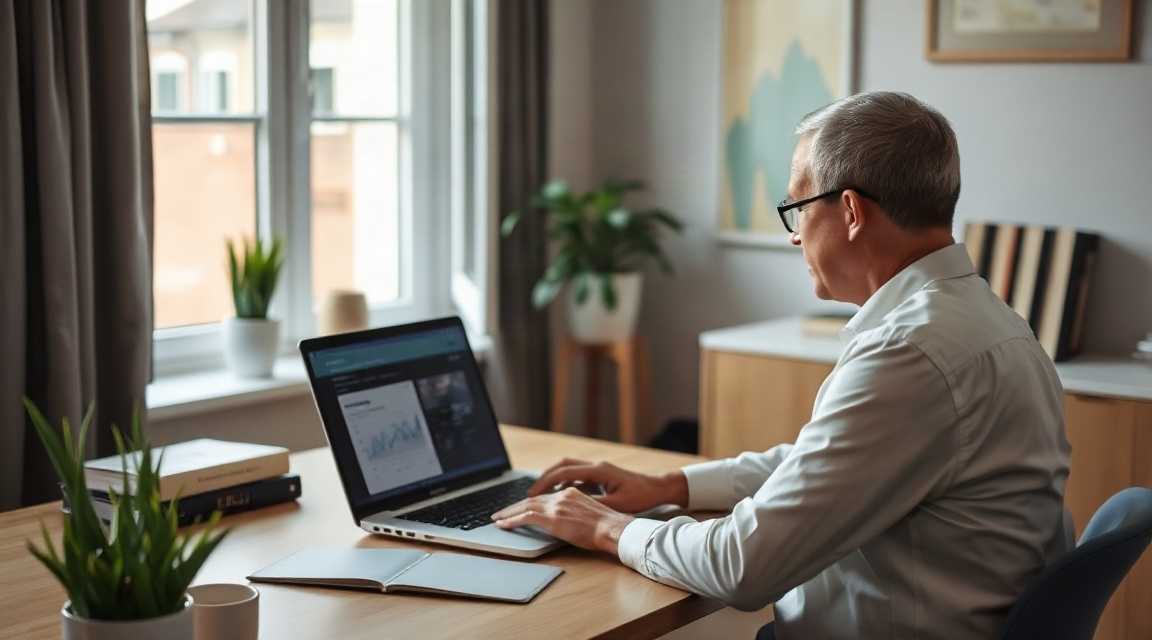 A real estate agent reviewing website traffic and search rankings on a laptop at a home office desk