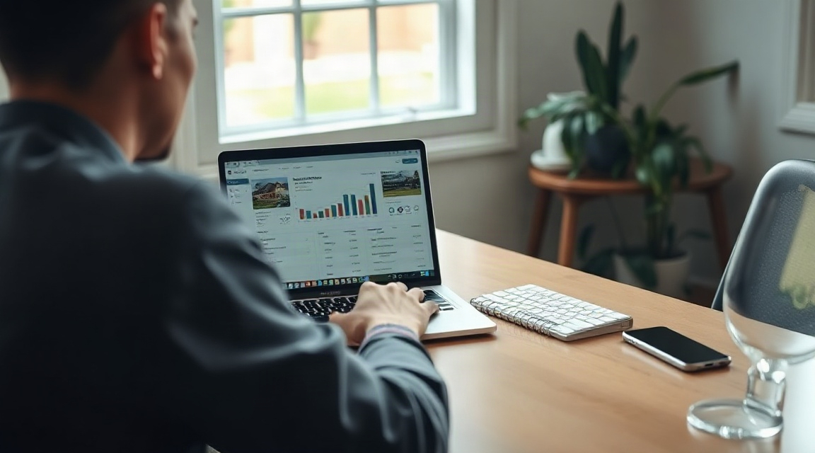 A realtor reviewing a listings dashboard on a laptop at a desk with a phone nearby