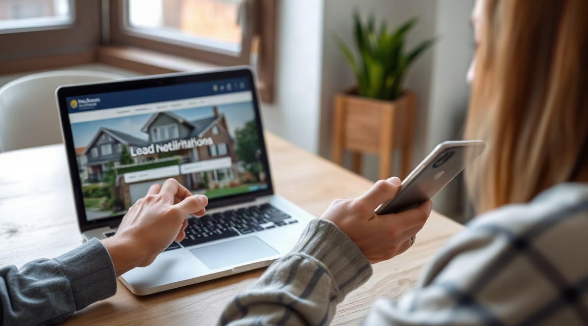 A realtor reviewing lead notifications on a phone next to a laptop showing a home search website