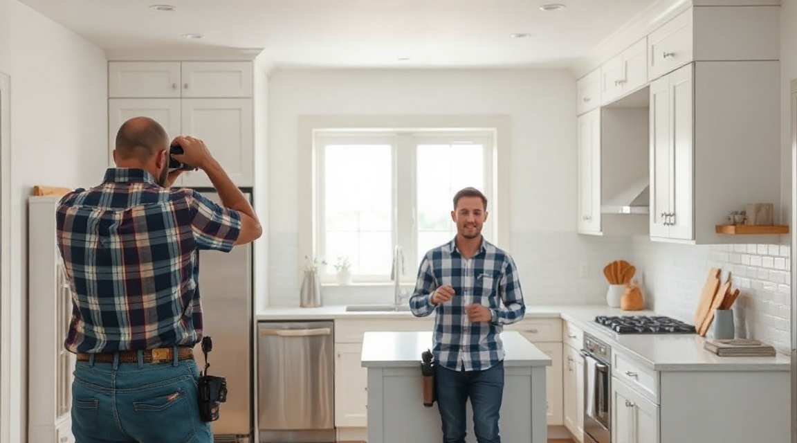 A contractor's crew photographing a finished kitchen renovation for social media content