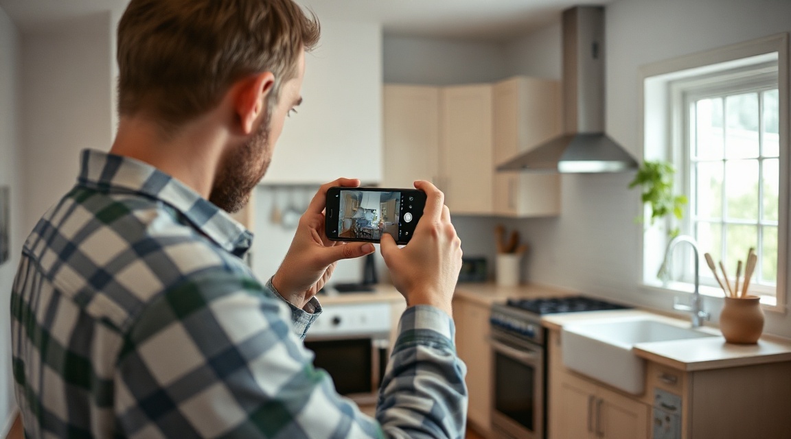 a contractor photographing a finished kitchen renovation on a phone for social media content