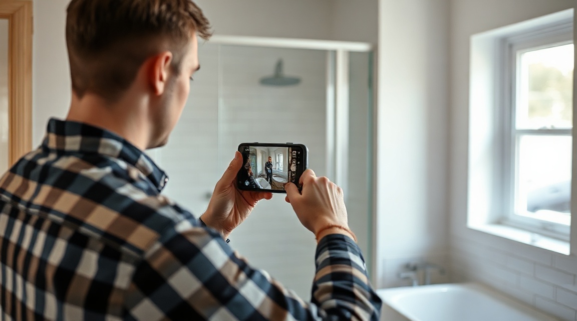 A contractor photographing a finished bathroom renovation on a phone for social media posts