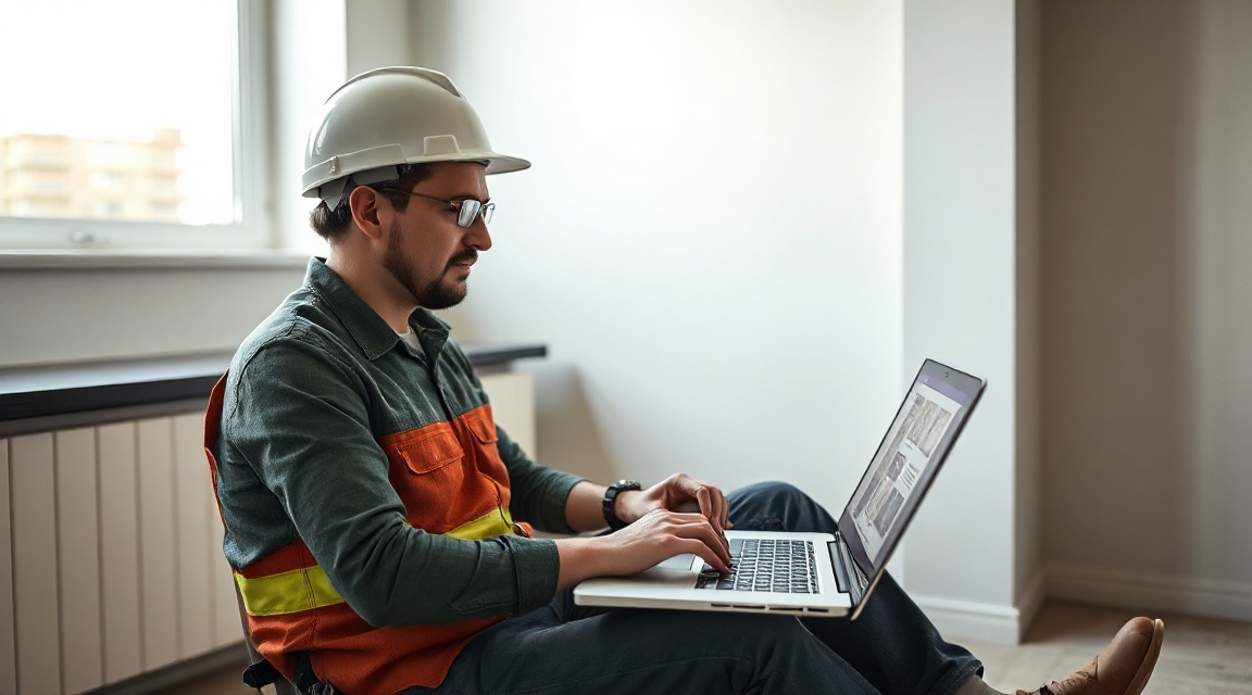 A contractor reviewing social media posts on a laptop at a jobsite in Toronto