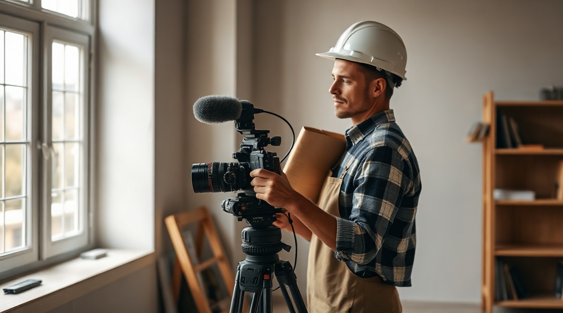 A contractor filming a short video on a job site for social media content