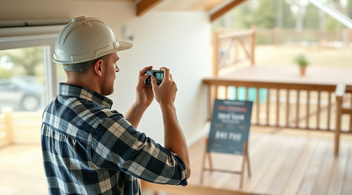 A contractor photographing a finished deck installation for social media content