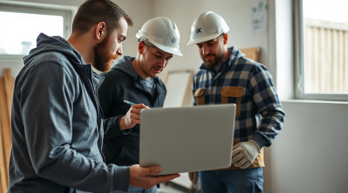 Toronto contractor crew reviewing a social media content calendar on a laptop at a job site