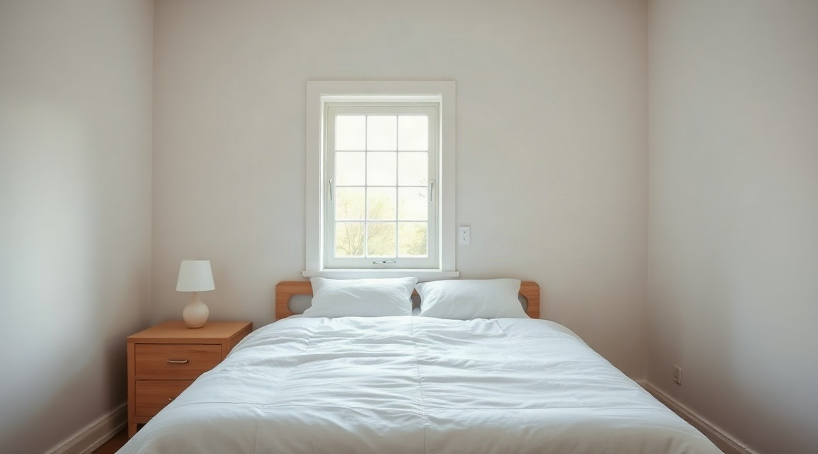 A staged bedroom in a 3 bedroom house with a made bed, cleared surfaces, and natural light from a window
