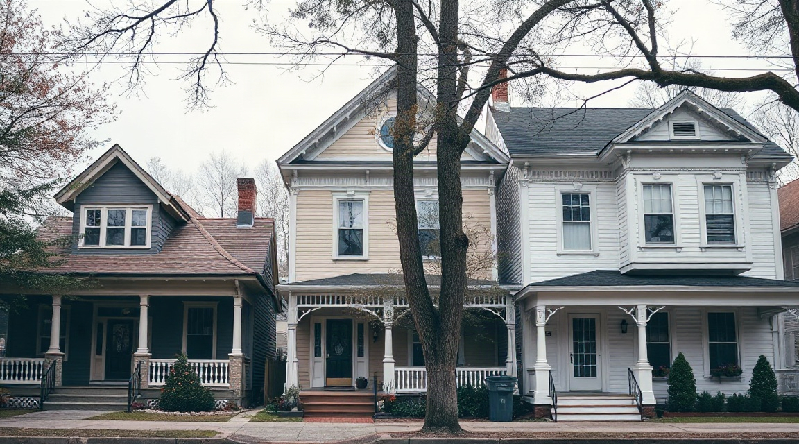 A street of houses showing a bungalow, a two story colonial, and a craftsman style home side by side
