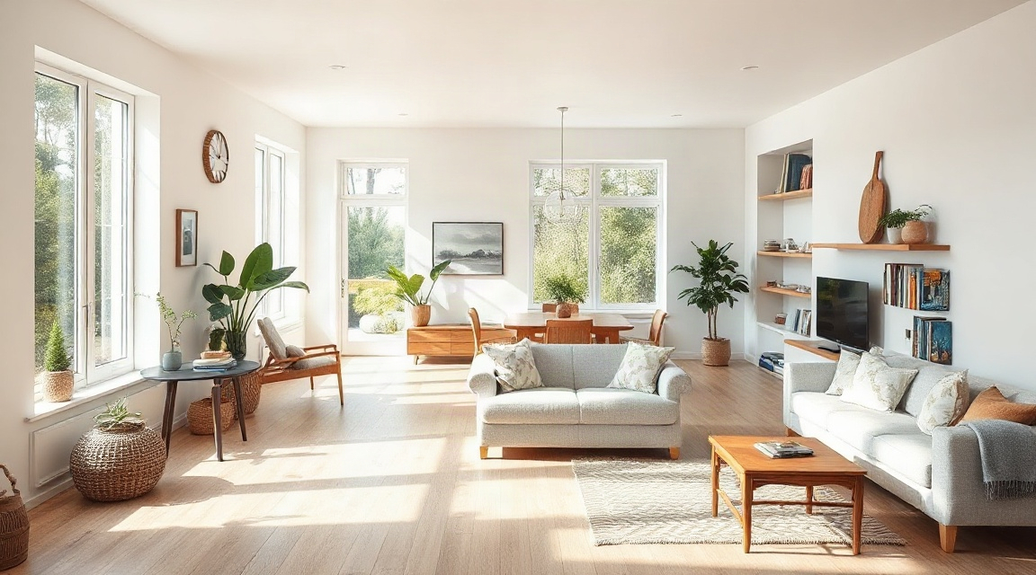 a bright open-plan living and dining area in a small modern house with large windows and simple furniture