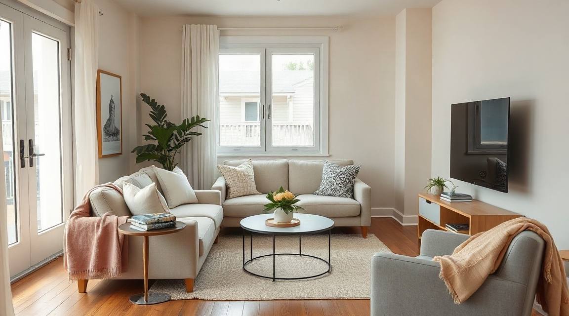 A small apartment living room staged with light furniture and folded throws before listing photos are taken