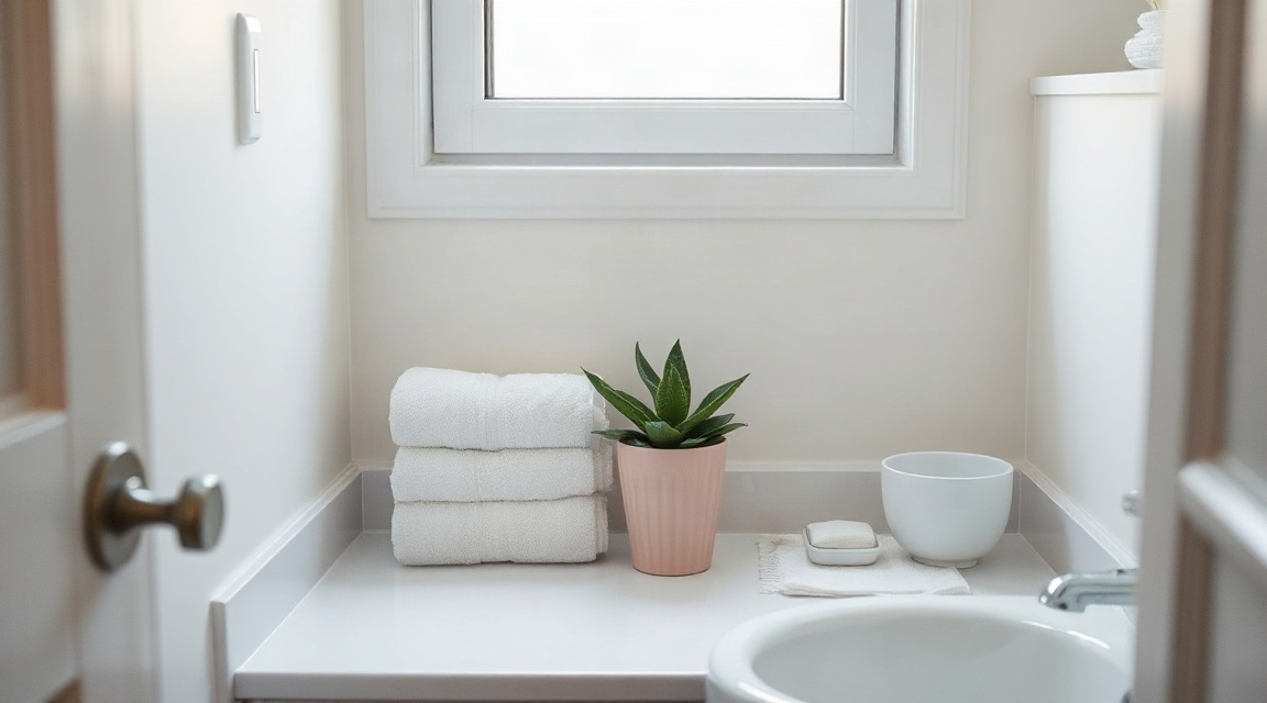 A small bathroom staged with a folded white towel, a single plant, and a clear countertop