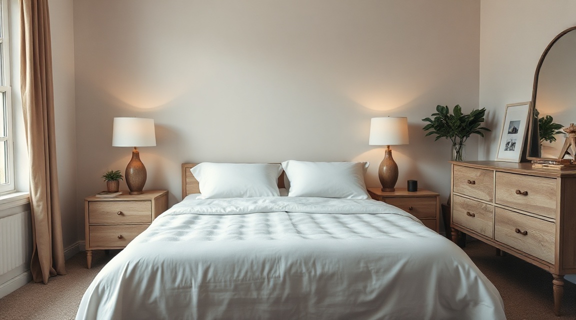 A neatly staged bedroom with a made bed, two matching lamps, and an uncluttered dresser