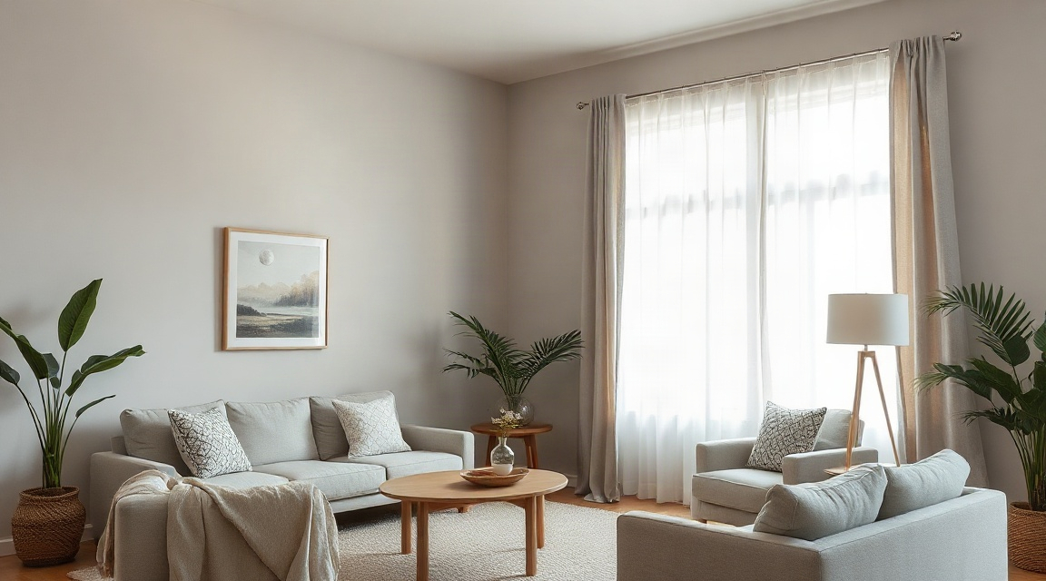 A freshly painted living room in soft warm gray with natural light through sheer curtains