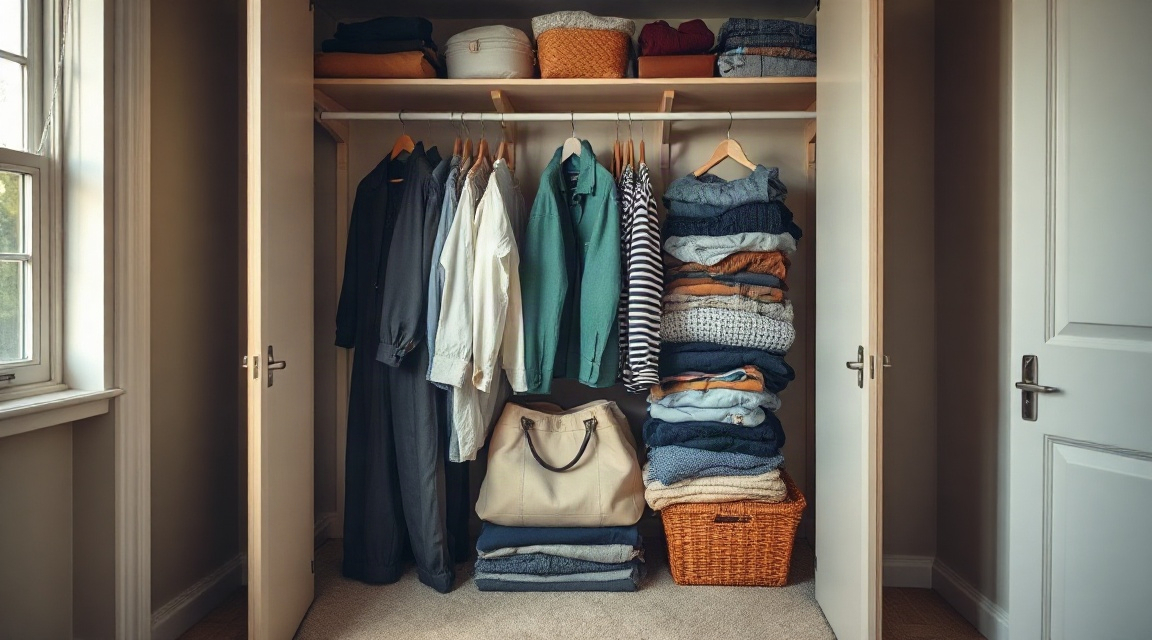 A bedroom closet with clothes sorted into keep, donate, and pack piles