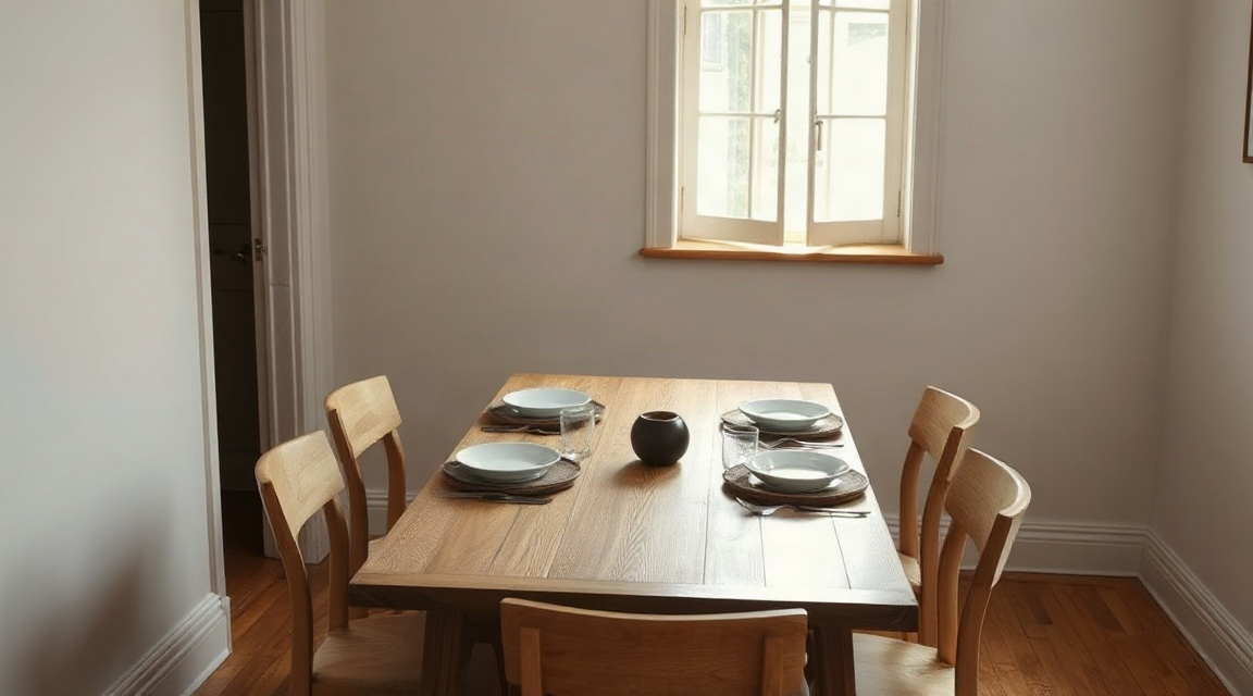 A small dining room with a wooden table set with simple place settings and natural light from a side window