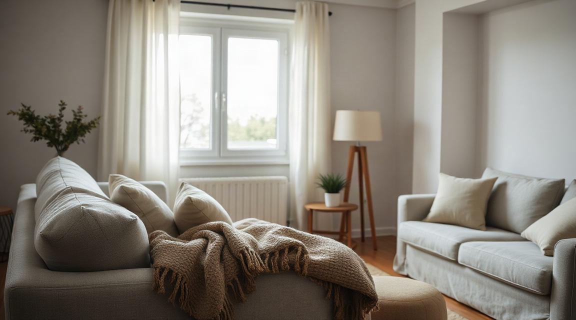 A living room with neutral furniture, folded throw blanket, and natural light through open curtains