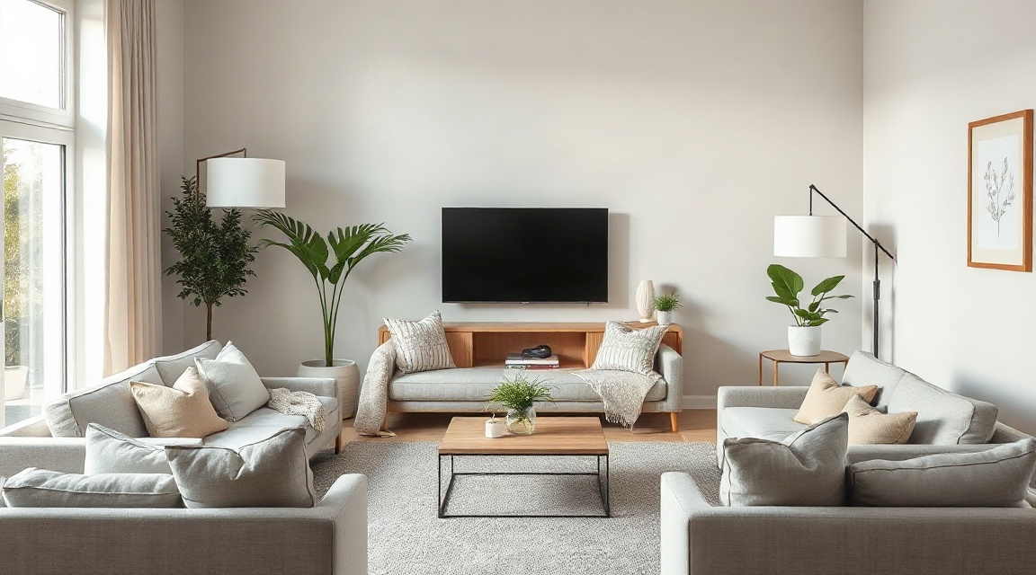 A living room staged with neutral furniture, folded throws, and clear surfaces before a listing photo shoot