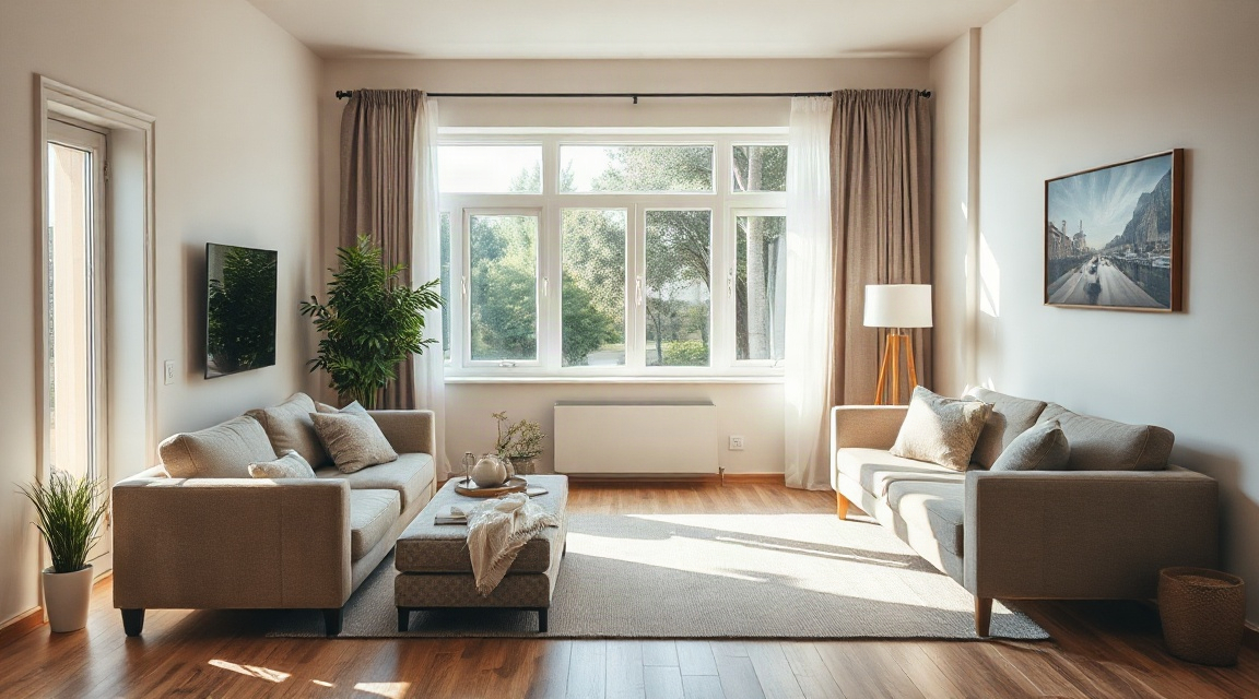 a bright living room with cleared surfaces, open curtains, and furniture arranged to open a clear walking path